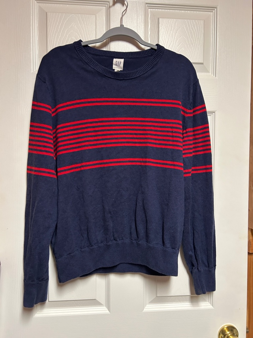 GAP Men's Navy Crewneck Sweater with Red Stripes